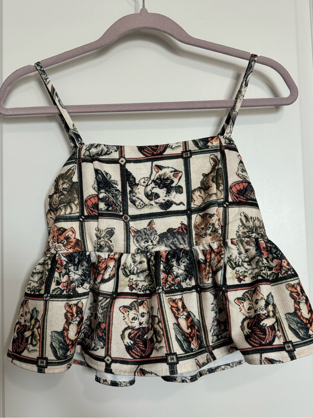 Cider Cream and Green Square Neck Kitty Check Ruffle Crop Top